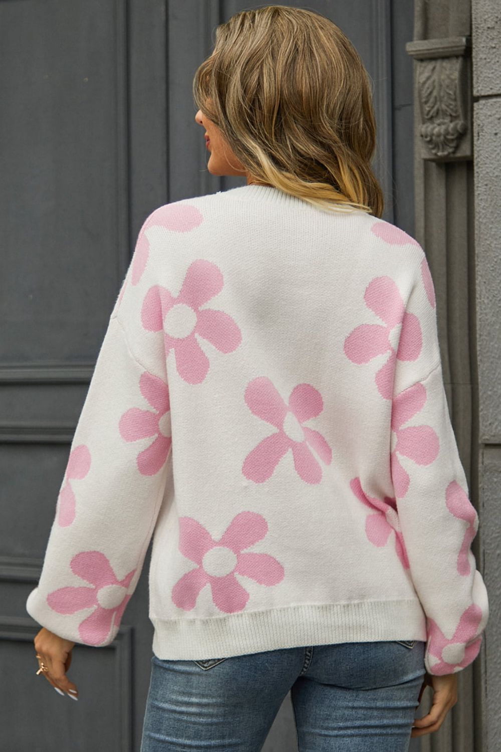 Women's Cozy Floral Sweater with Round Neck and Dropped Shoulder