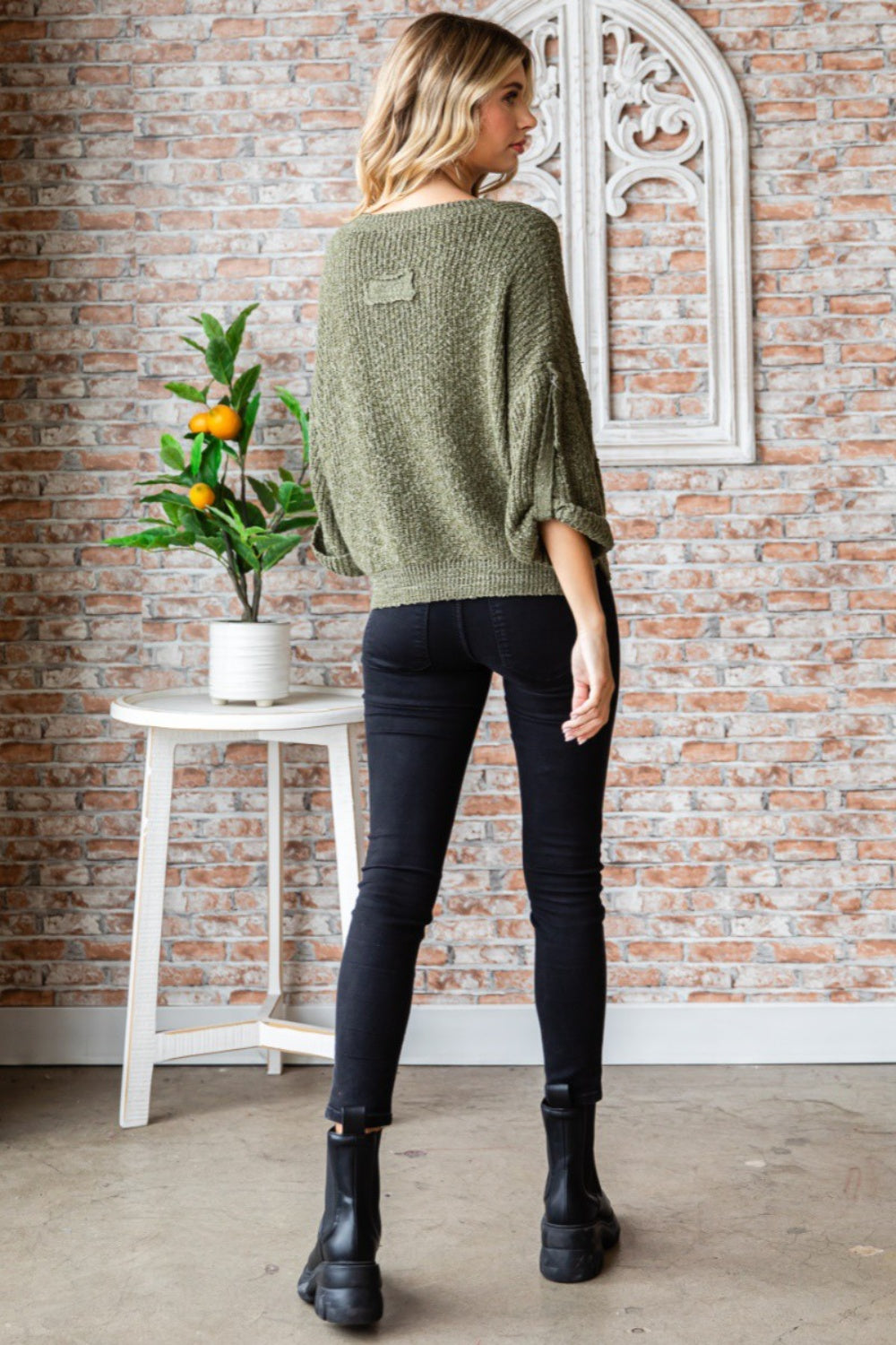 Women's Cozy Round Neck Roll-Up Sweater