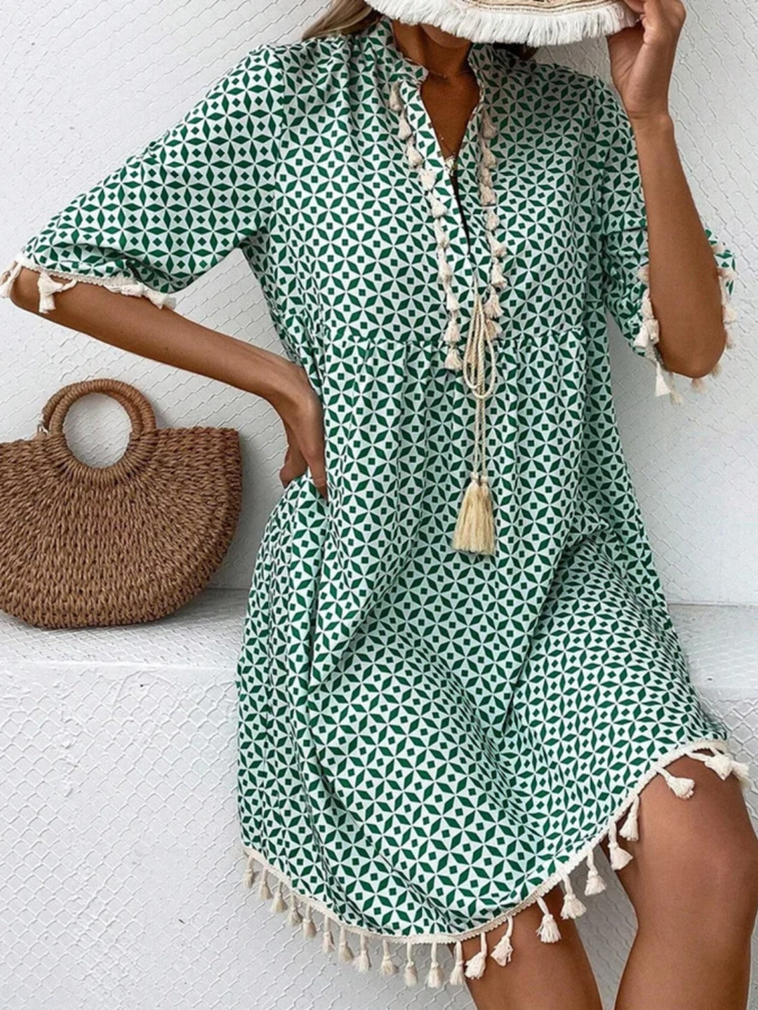 Women's Tassel Printed Notched Half Sleeve Mini Dresses"