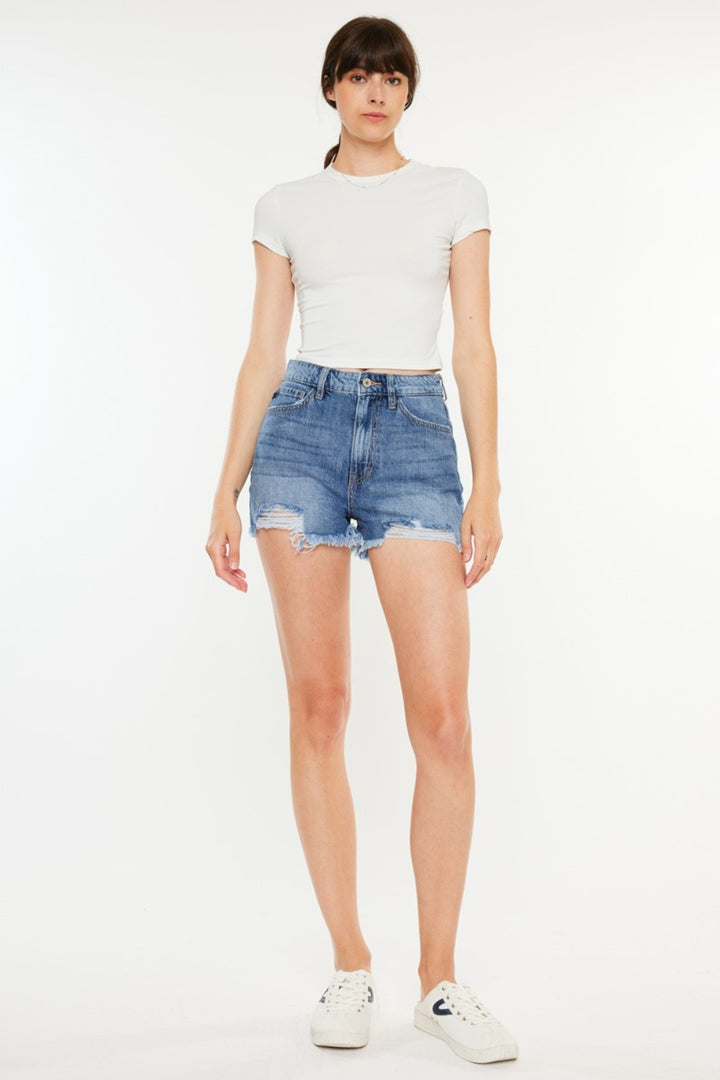 Women's Distressed High Waist Denim Shorts with Raw Hem