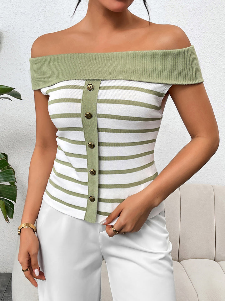 Women's Off-Shoulder Striped Decorative Button Sweater