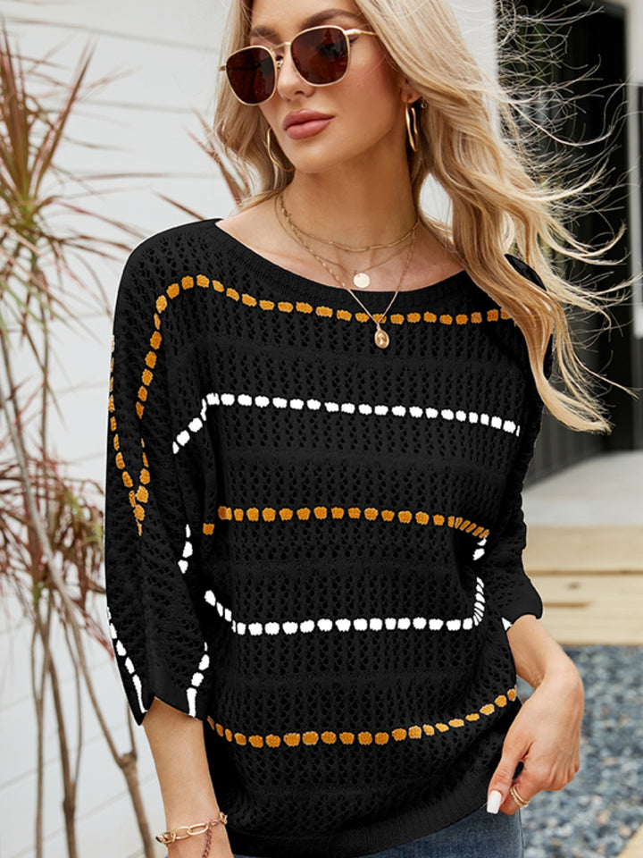 Women's Eyelet Striped Round Neck Knit Sweater