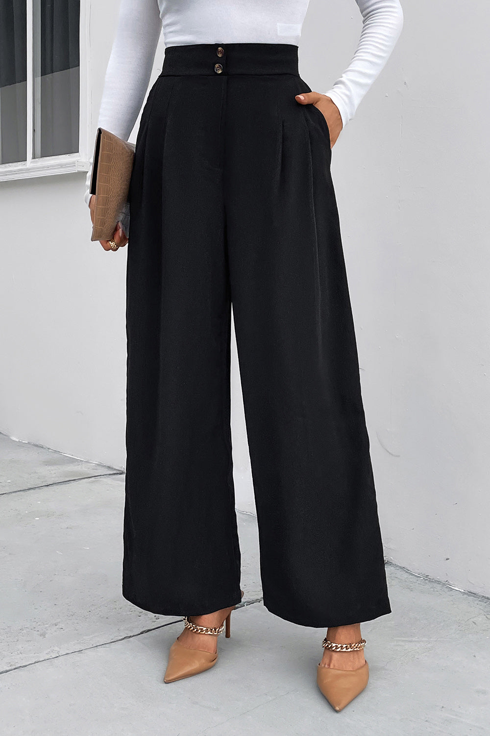 Women's Wide Leg High Waist Ruched Pocketed Pants