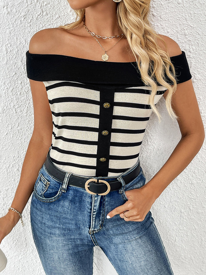 Women's Off-Shoulder Striped Decorative Button Sweater