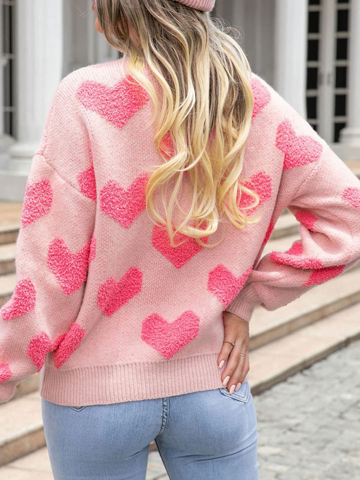 Women's Cozy Heart Sweater with Round Neck and Dropped Shoulders