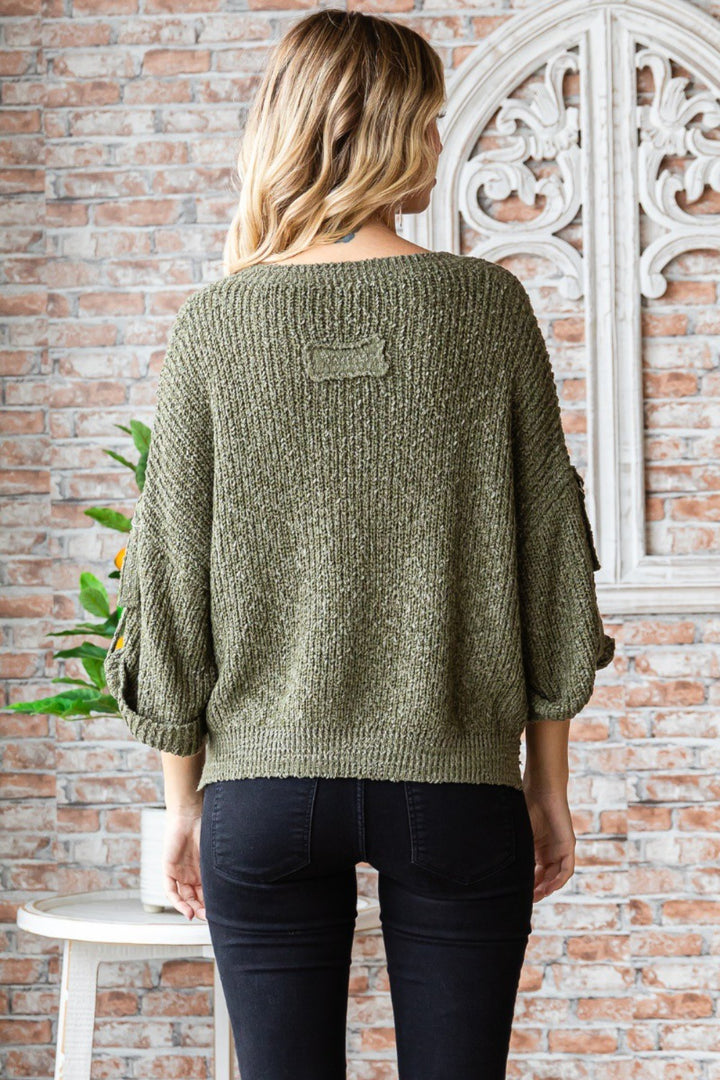 Women's Cozy Round Neck Roll-Up Sweater