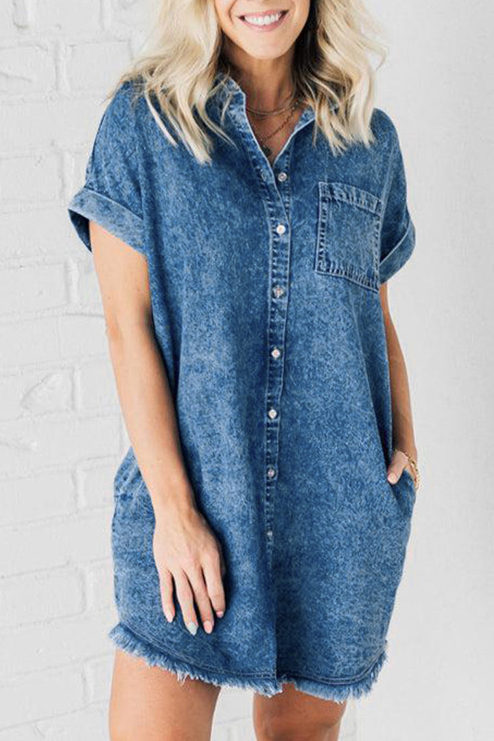 Women's Denim Dresses with Raw Hem and Cap Sleeves