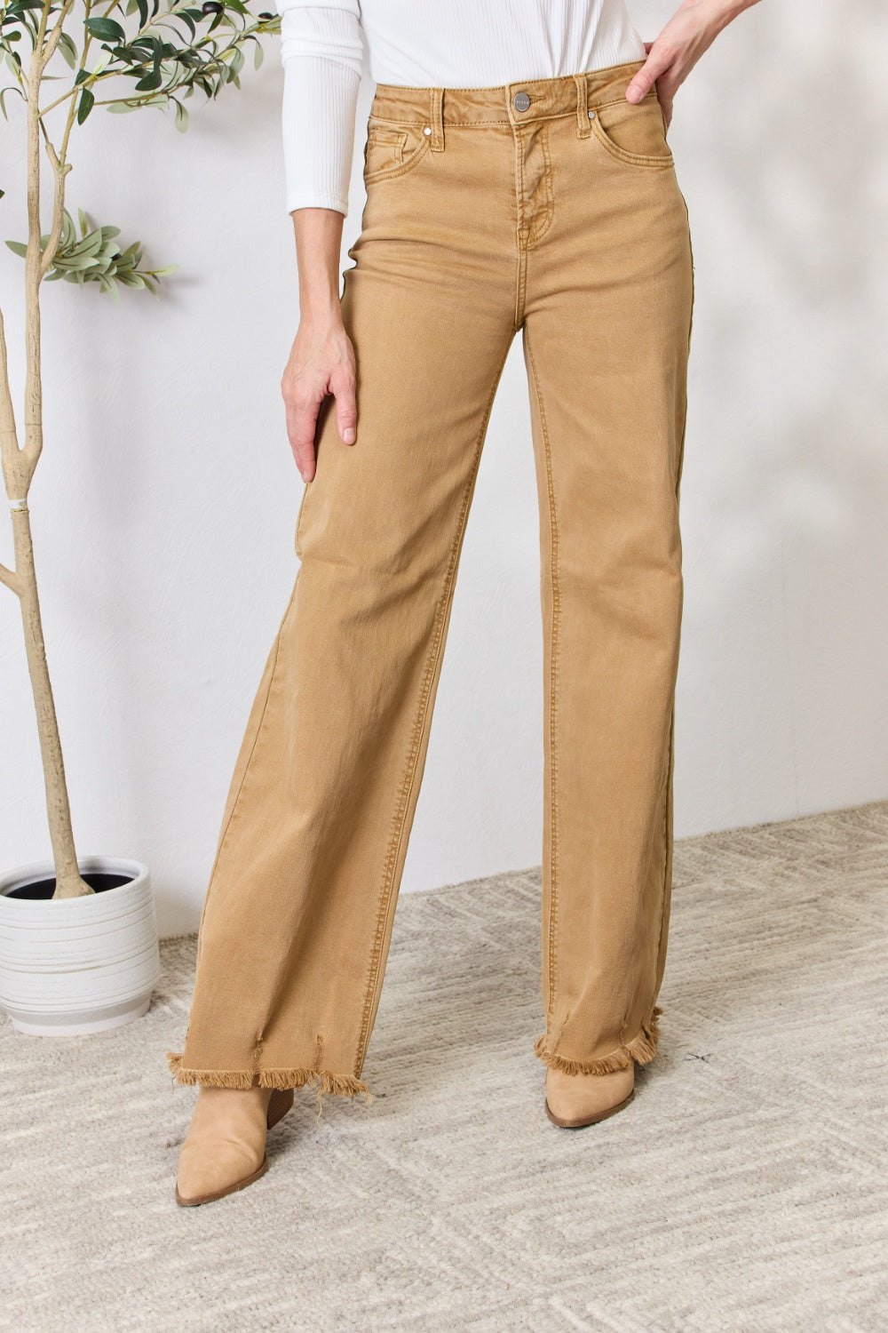 Women's Fringe Hem Wide Leg Jeans (Full Size)