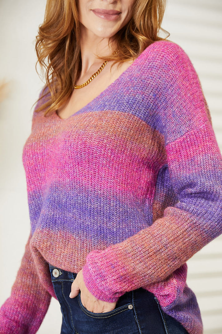 Women's Multicolored Rib-Knit V-Neck Sweater