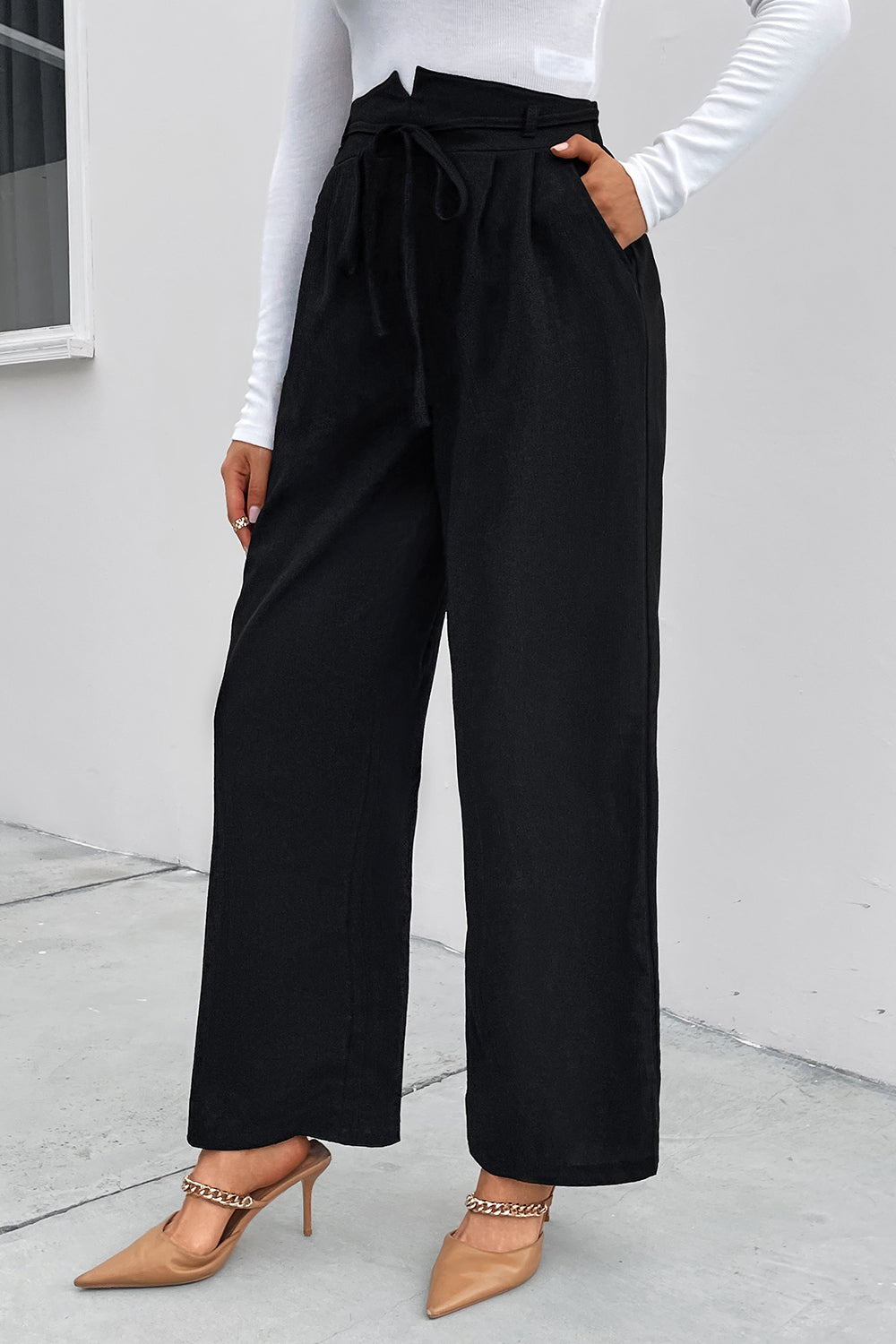 Women's Ruched Tie Front High Waist Wide Leg Pants