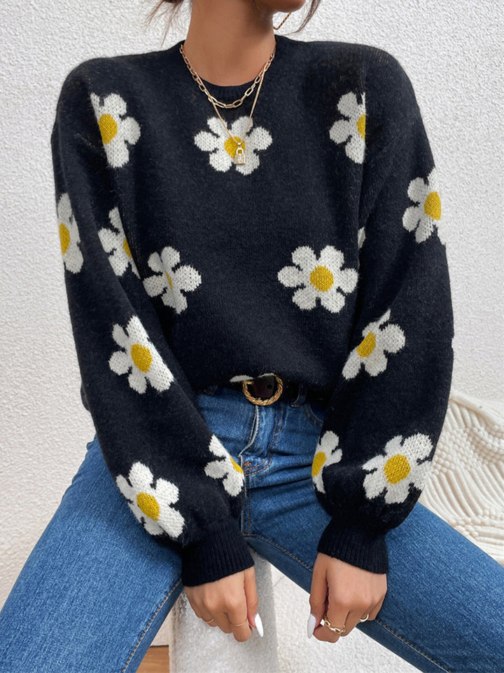 Women's Denim Floral Lantern Sleeve Sweater