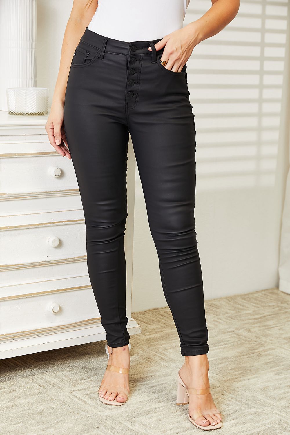 Women's High Rise Black Coated Ankle Skinny Jeans