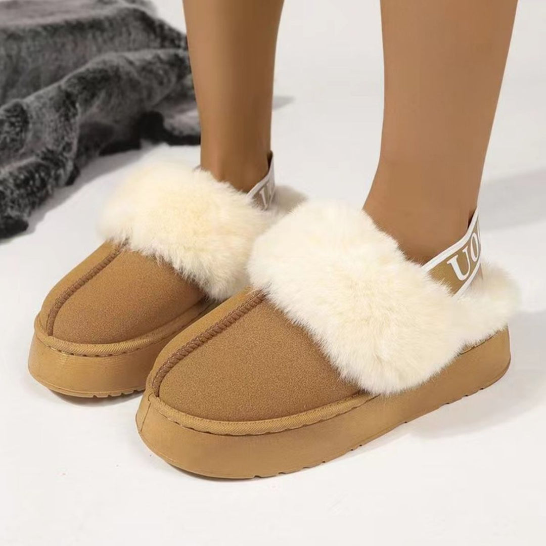 Plush Platform Slippers with Letter Strap