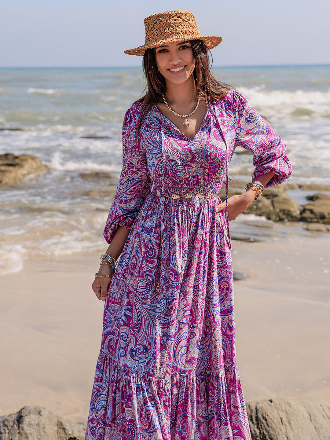 Printed Tie Neck Balloon Sleeve Maxi Dress