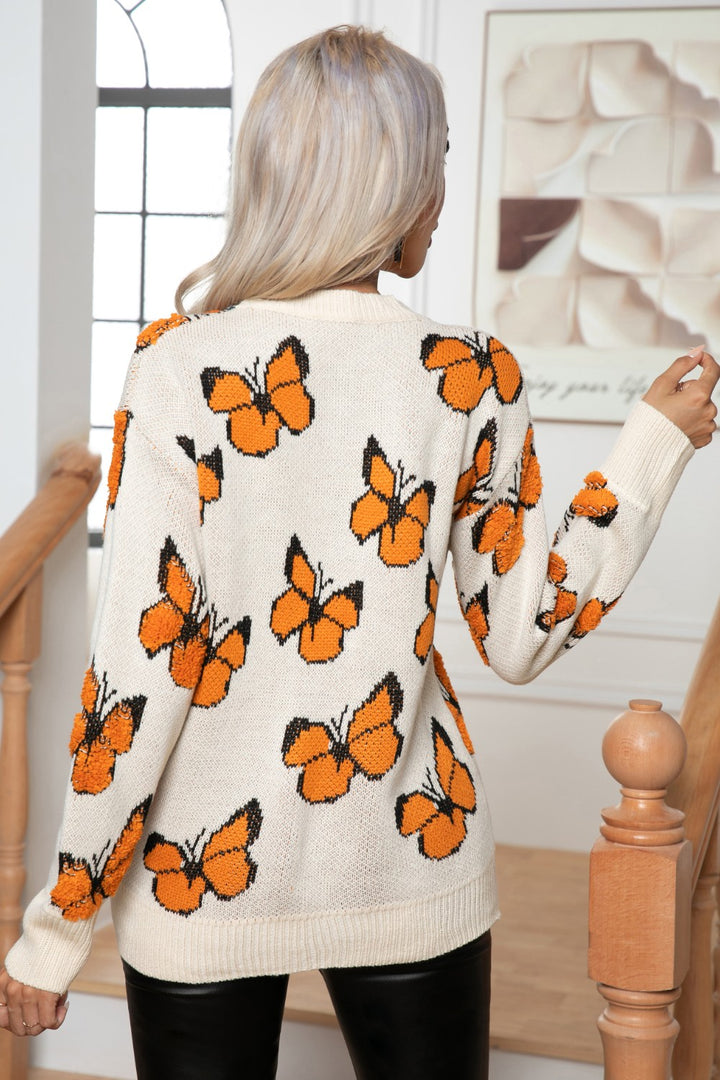 Women's Cozy Butterfly Round Neck Long Sleeve Sweater