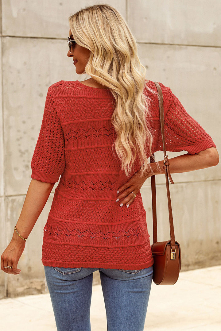 Women's Openwork Round Neck Half Sleeve Knit Sweater