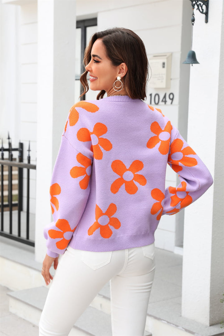 Women's Cozy Floral Sweater with Round Neck and Dropped Shoulder