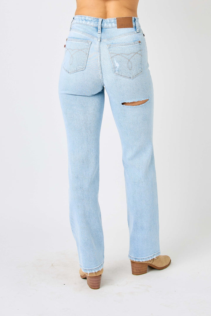 omen's Distressed High Waist Straight Leg Jeans