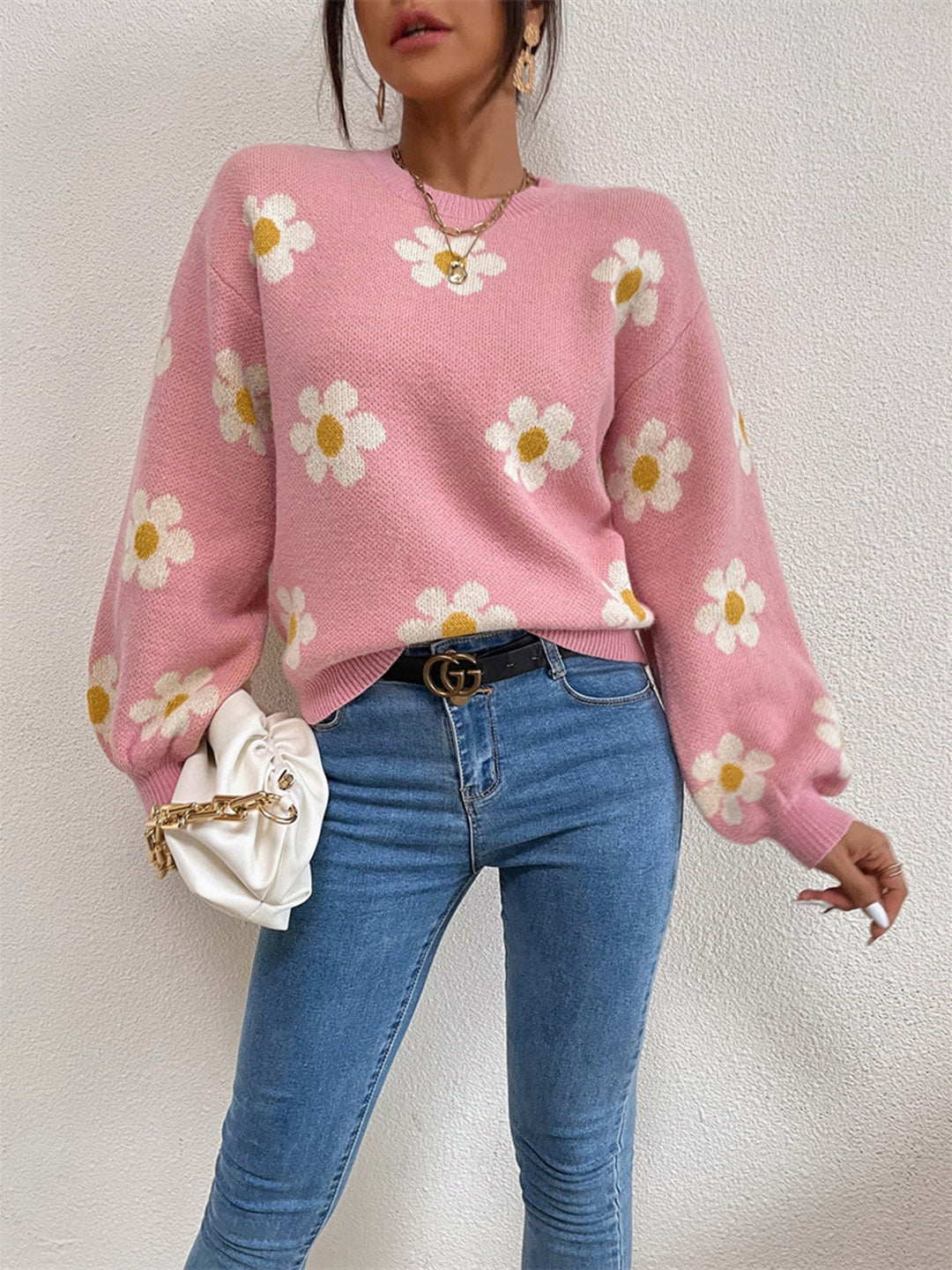 Women's Denim Floral Lantern Sleeve Sweater