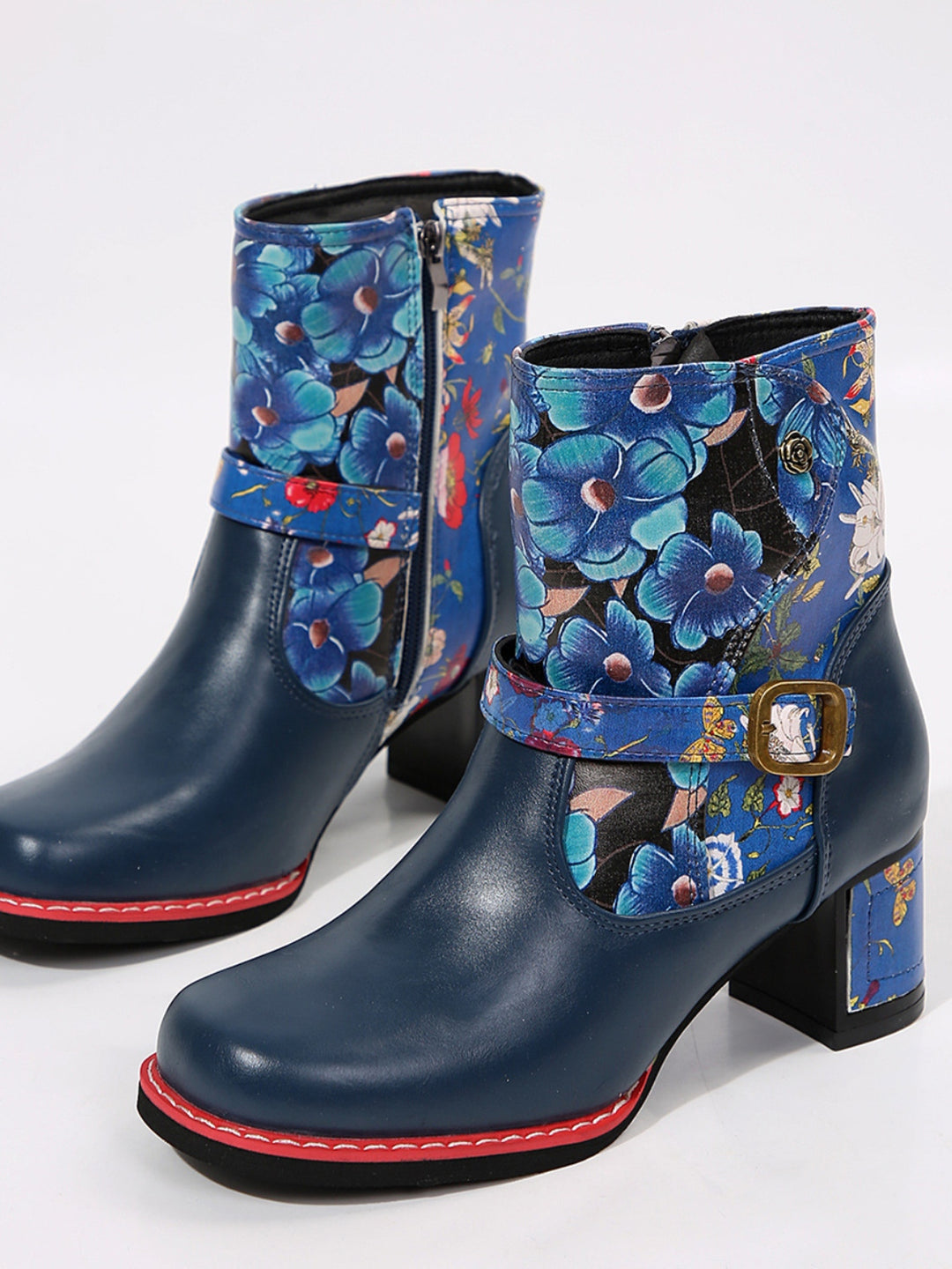 PU Leather Flower Block Heel Boots