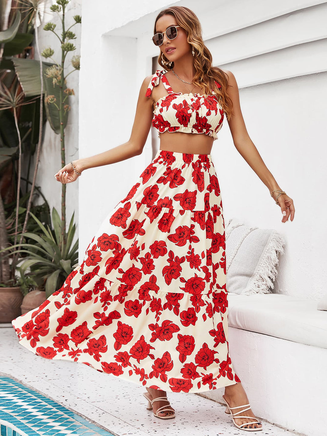 "Women's Floral Tie Shoulder Top and Tiered Maxi Skirt Set (Skirt)"