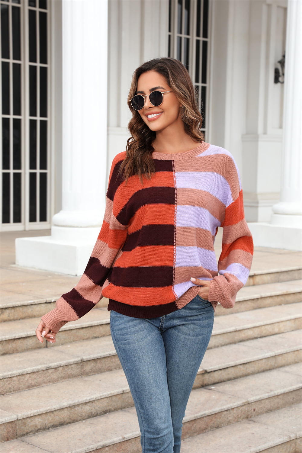 Women's Color Block Round Neck Dropped Shoulder Long Sleeve Sweater