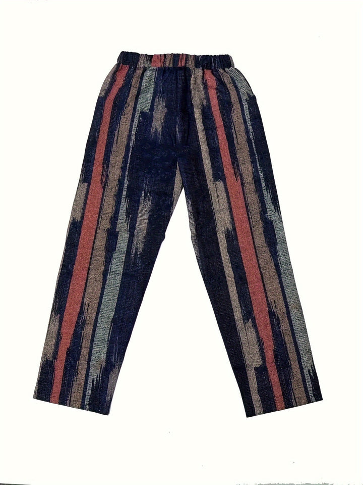 Women's Striped Elastic Waist Pants with Pockets