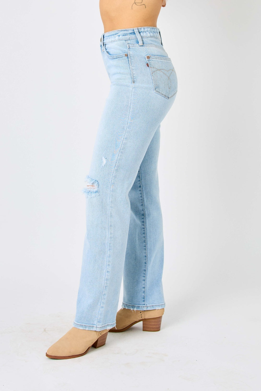 omen's Distressed High Waist Straight Leg Jeans