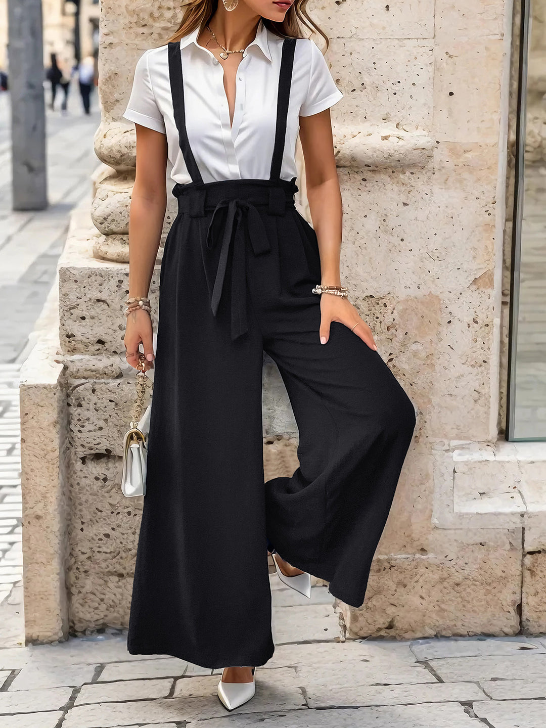 Women's Tied Waist Wide Leg Pants with Shoulder Straps