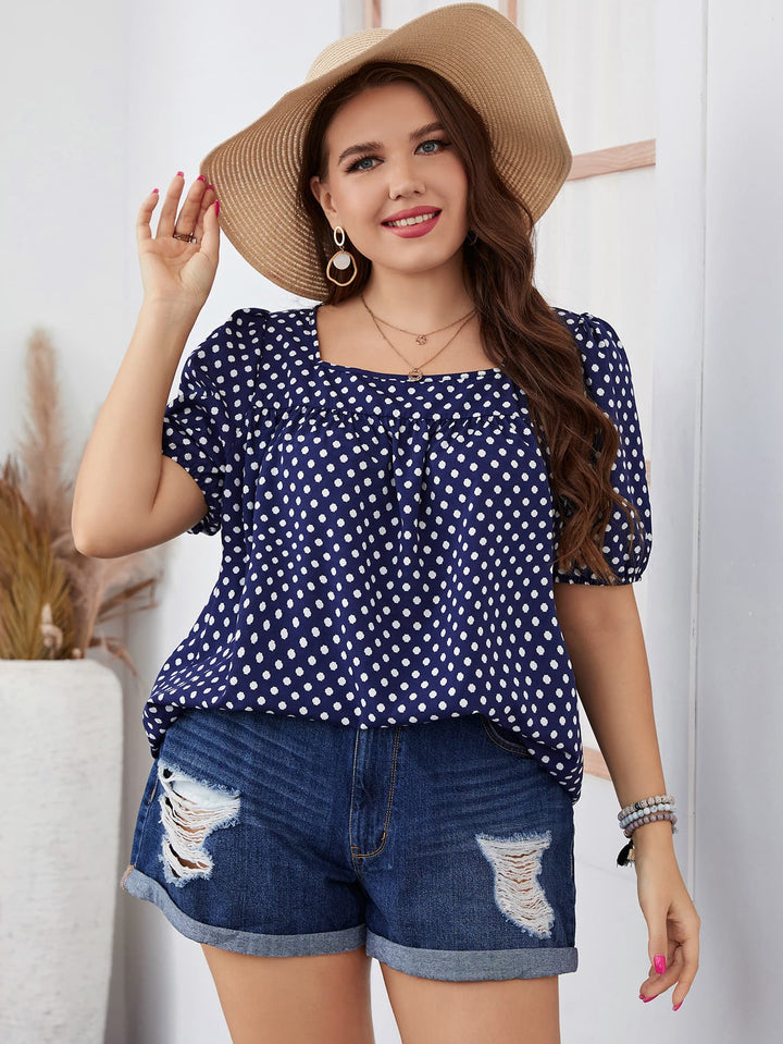 Plus Size Polka Dot Square Neck Blouse