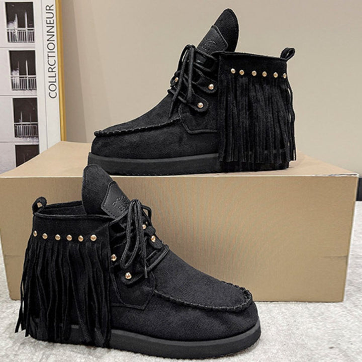 Fringe Studded Round Toe Canvas Boots