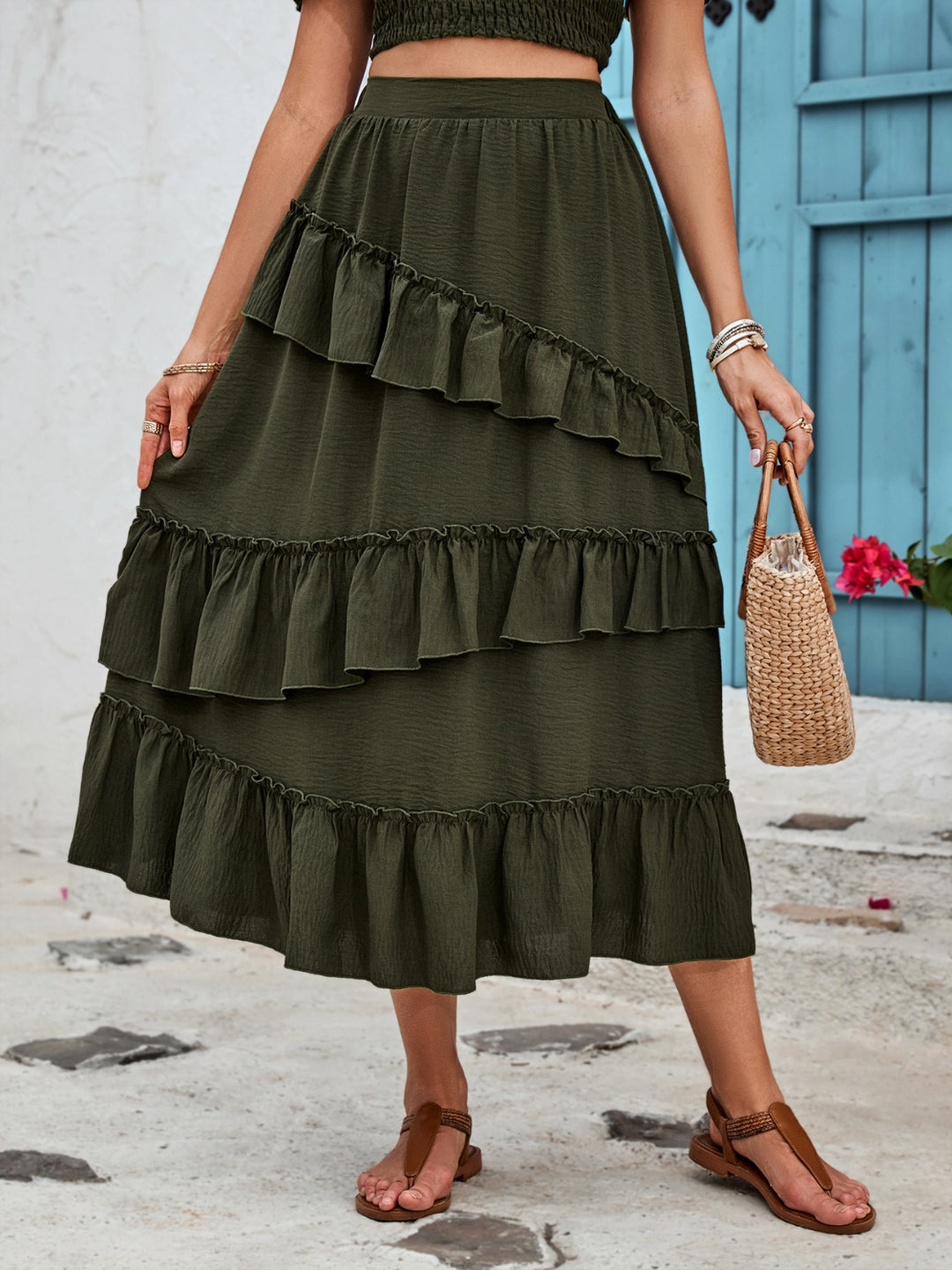 "Women's Ruffled Elastic Waist Midi Skirt"