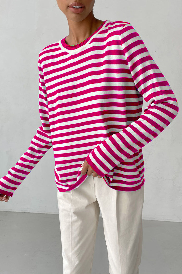 Women's Cozy Striped Sweater with Round Neck and Long Sleeves