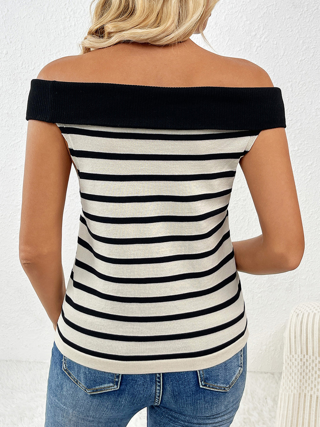 Women's Off-Shoulder Striped Decorative Button Sweater