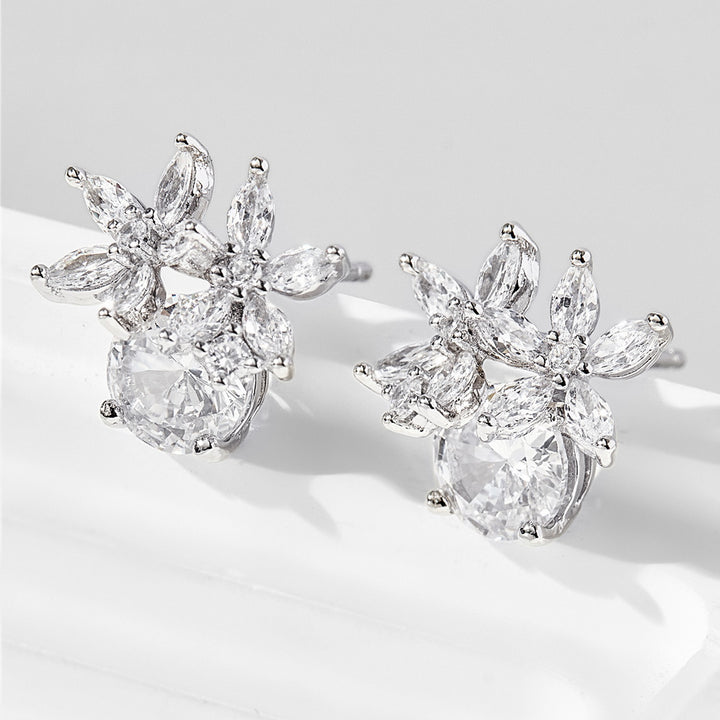 Women's Elegant Floral Zircon Sterling Silver Stud Earrings