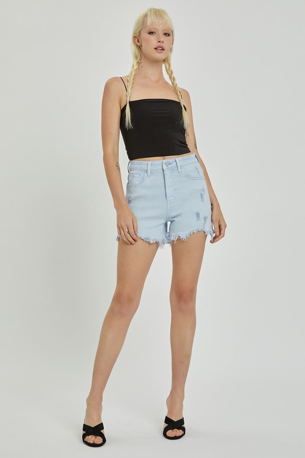 Women's Distressed Detail High-Rise Denim Shorts