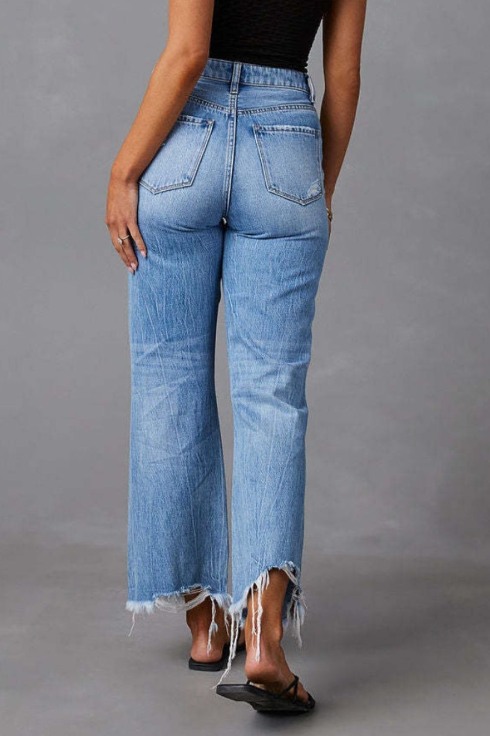 Women's Classic Distressed Raw Hem Jeans with Pockets