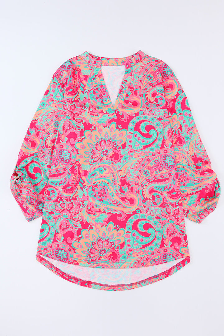 Plus Size Printed Notched Long Sleeve Blouse