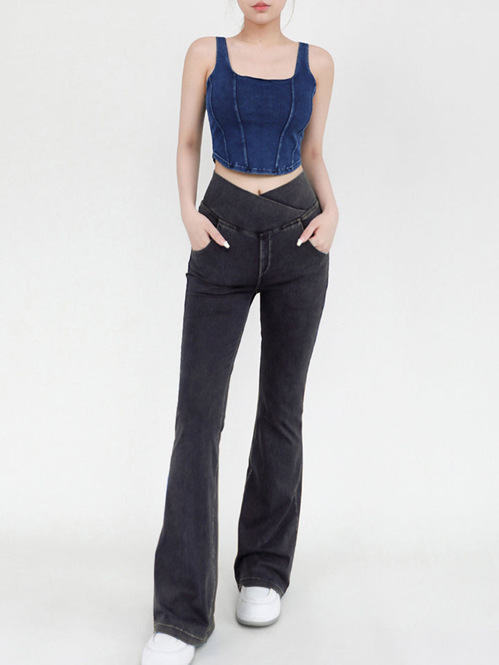 Women's Bootcut Jeans with Wide Waistband and Pockets