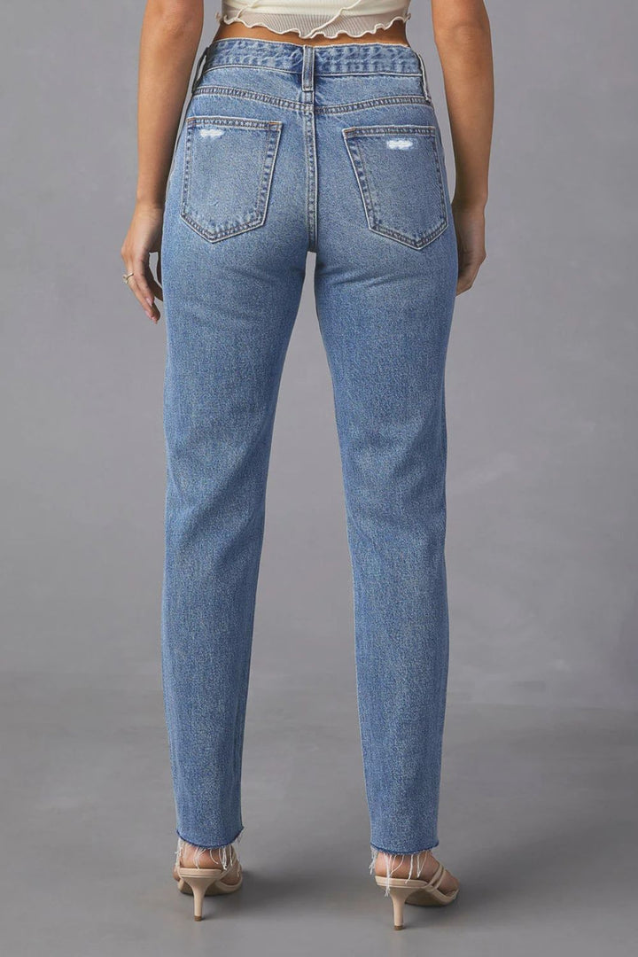 Women's Raw Edge Straight Leg Denim Jeans with Distressed Finish and Pockets