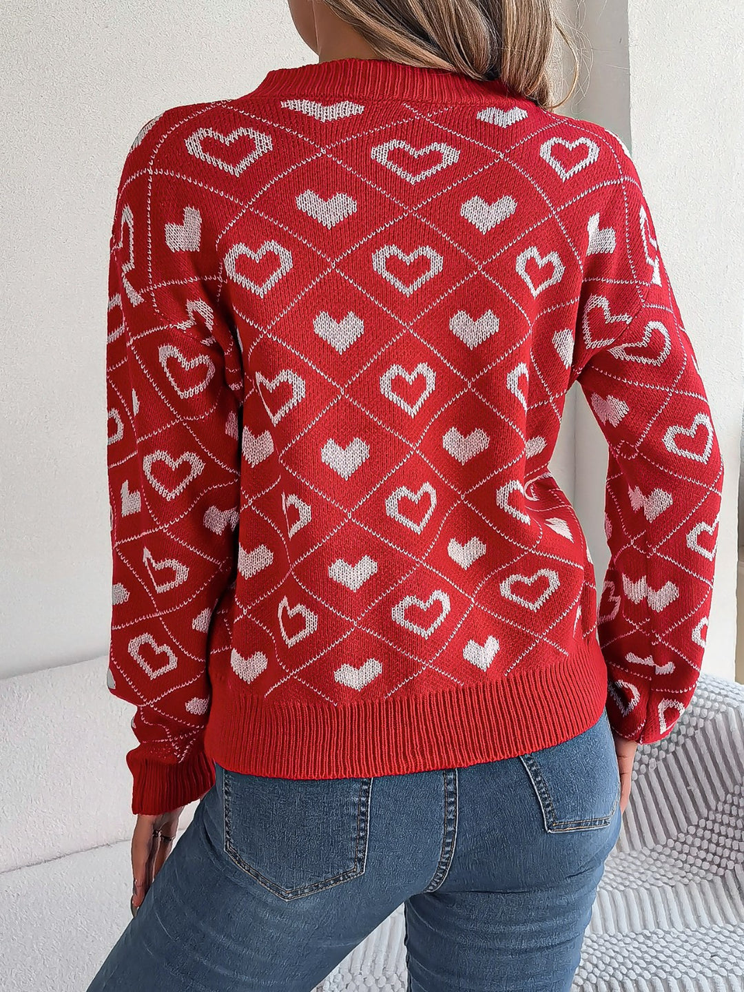 Women's Cozy Heart Print V-Neck Sweater