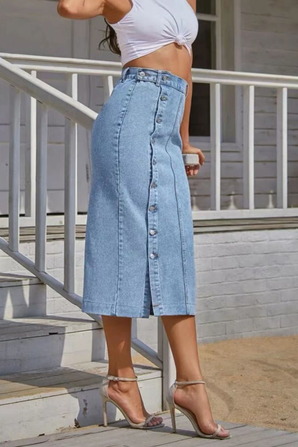 Women's Split Denim Skirt with Button Detail