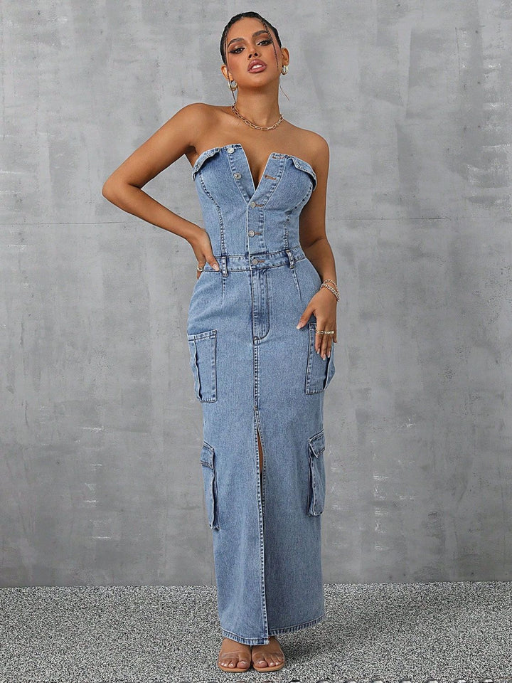 Slit Half Button Tube Denim Dress