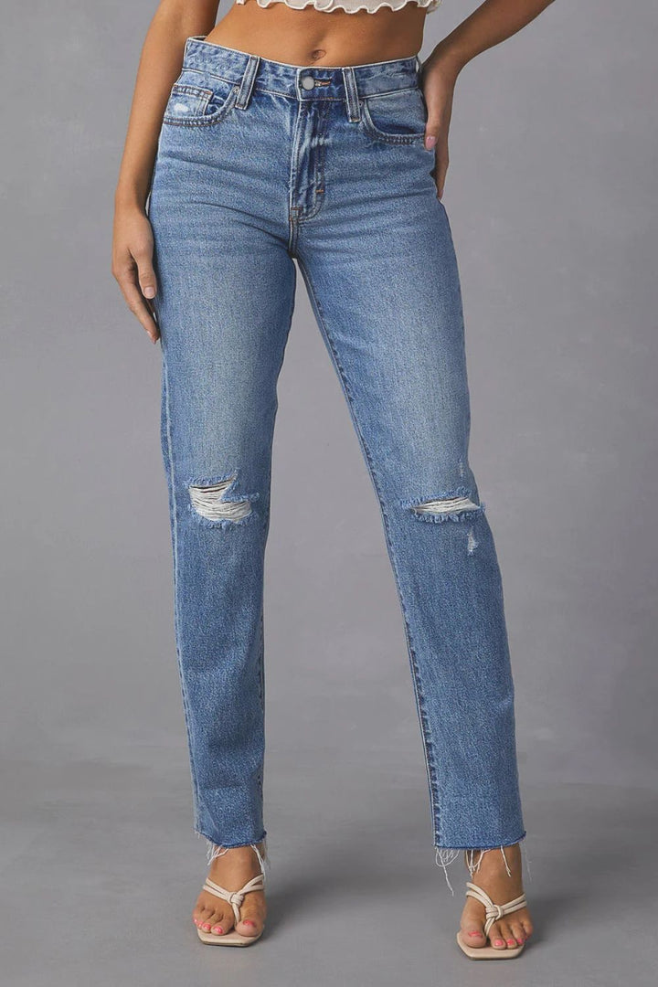 Women's Raw Edge Straight Leg Denim Jeans with Distressed Finish and Pockets