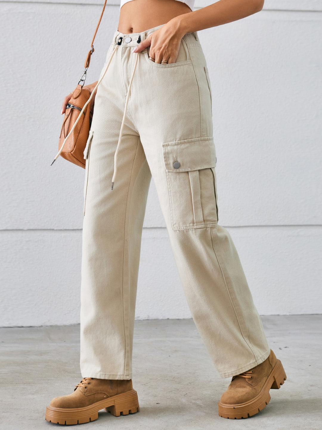 Women's Cargo Jeans with Drawstring Mid-Rise Waist