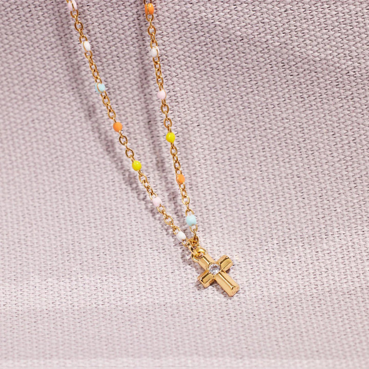 Women's Elegant Inlaid Zircon Cross Bead Necklace