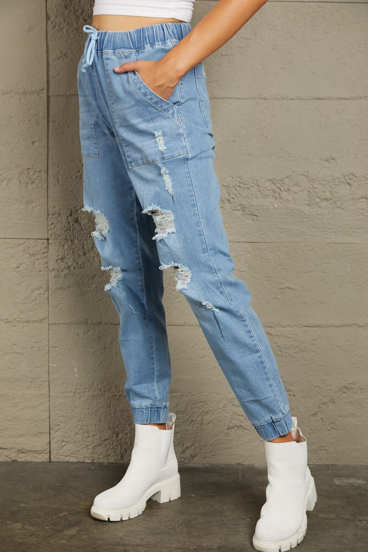 Baeful Distressed Denim Pocketed Joggers