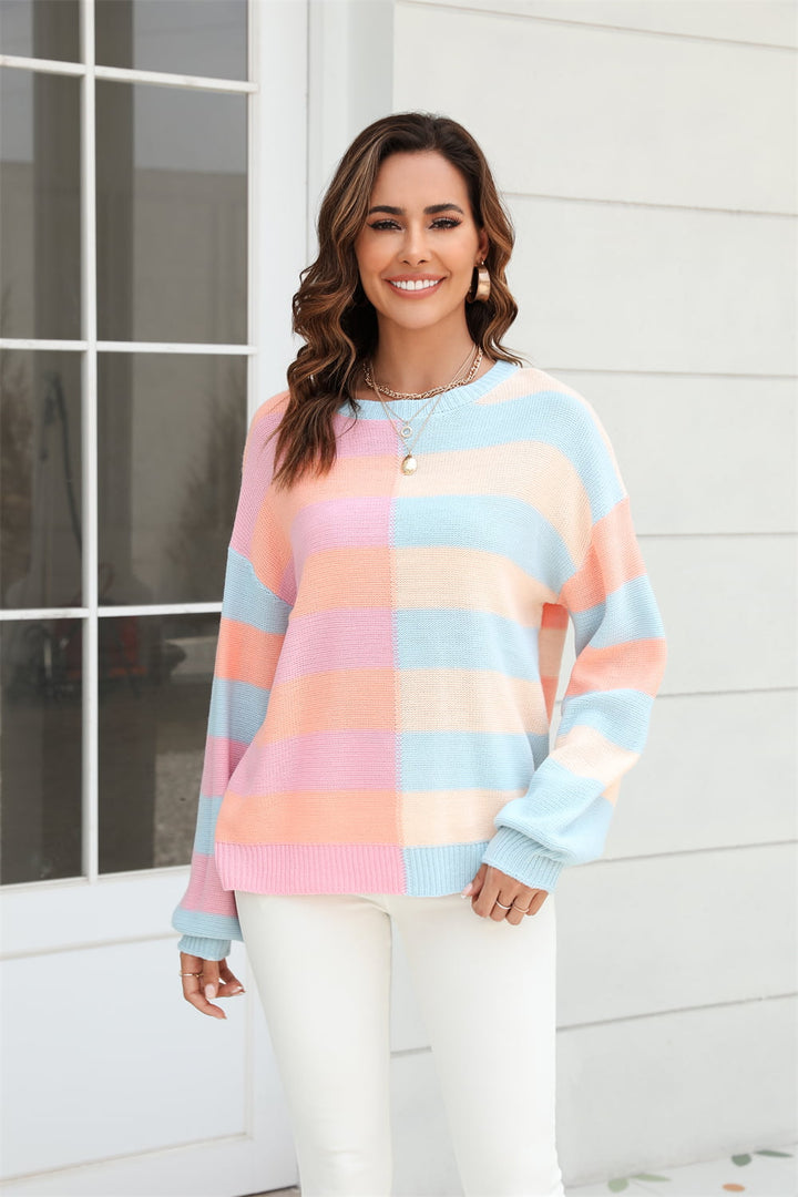 Women's Color Block Round Neck Dropped Shoulder Long Sleeve Sweater