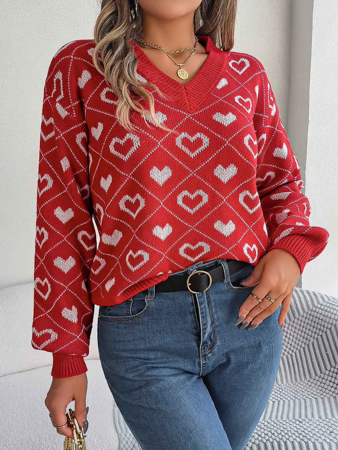 Women's Cozy Heart Print V-Neck Sweater