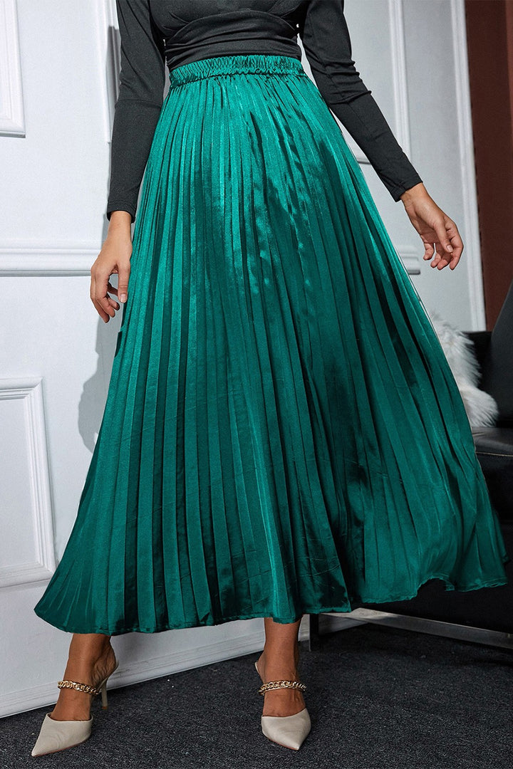 Women's Elegant Pleated Midi Skirt with Elastic Waist